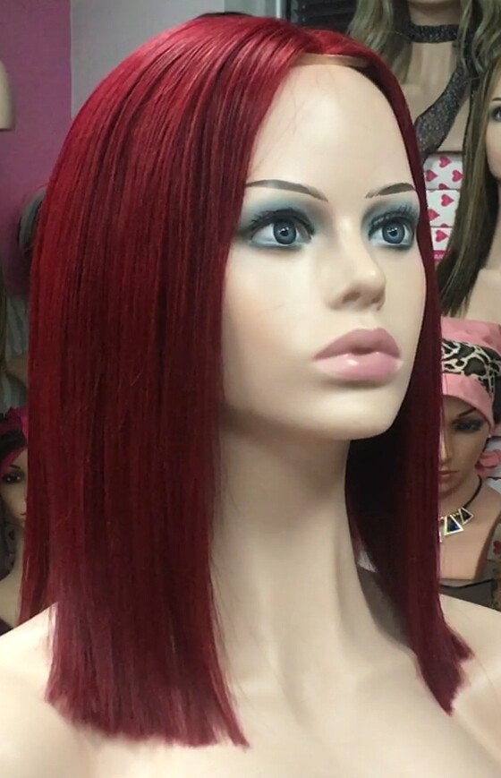 Peluca mediana cabello natural MELANY color 39 BURG raya de tul transparente efecto piel