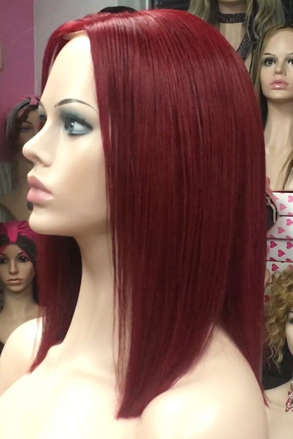 Peluca mediana cabello natural MELANY color 39 BURG raya de tul transparente efecto piel