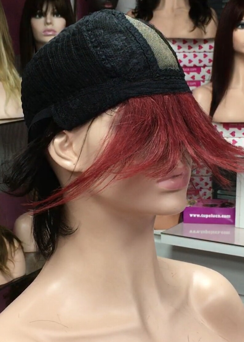 Peluca natural PILARICA Color 1b con Fleco rojo RAYA TUL transaprente efecto piel
