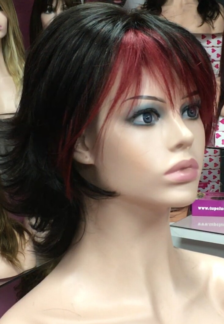 Peluca natural PILARICA Color 1b con Fleco rojo RAYA TUL transaprente efecto piel