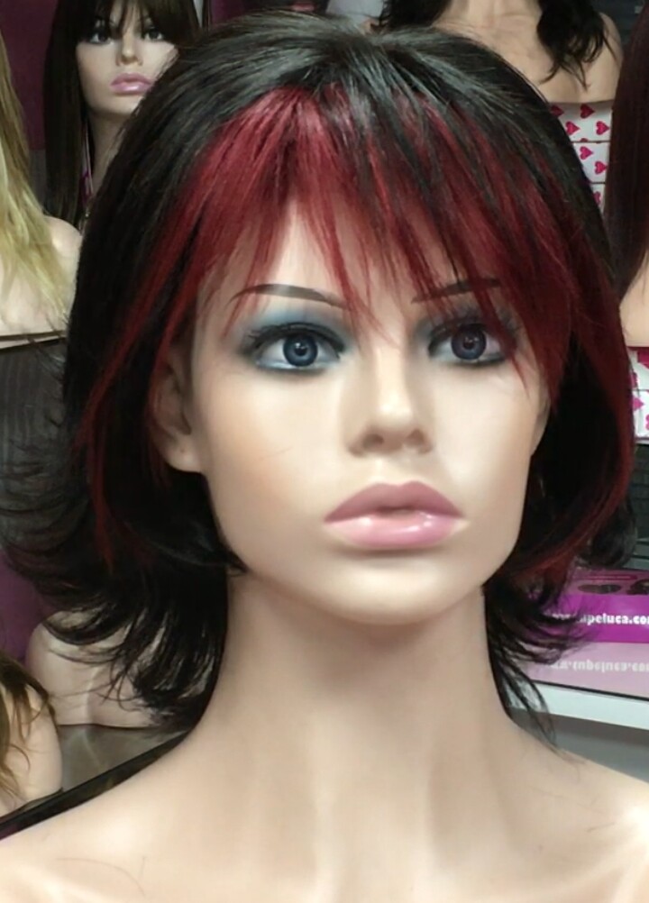 Peluca natural PILARICA Color 1b con Fleco rojo RAYA TUL transaprente efecto piel