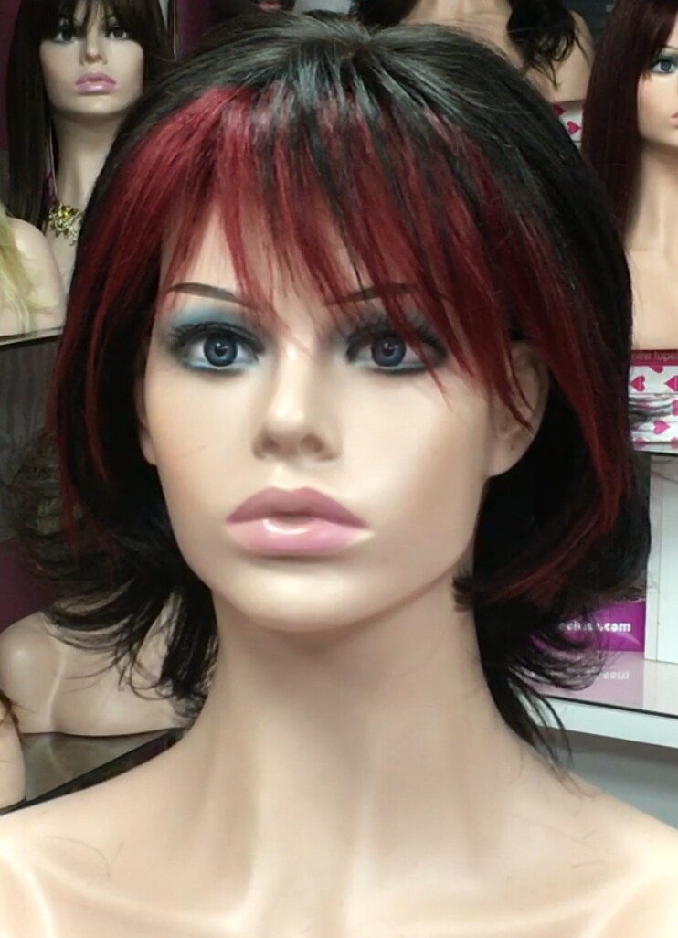 Peluca natural PILARICA Color 1b con Fleco rojo RAYA TUL transaprente efecto piel