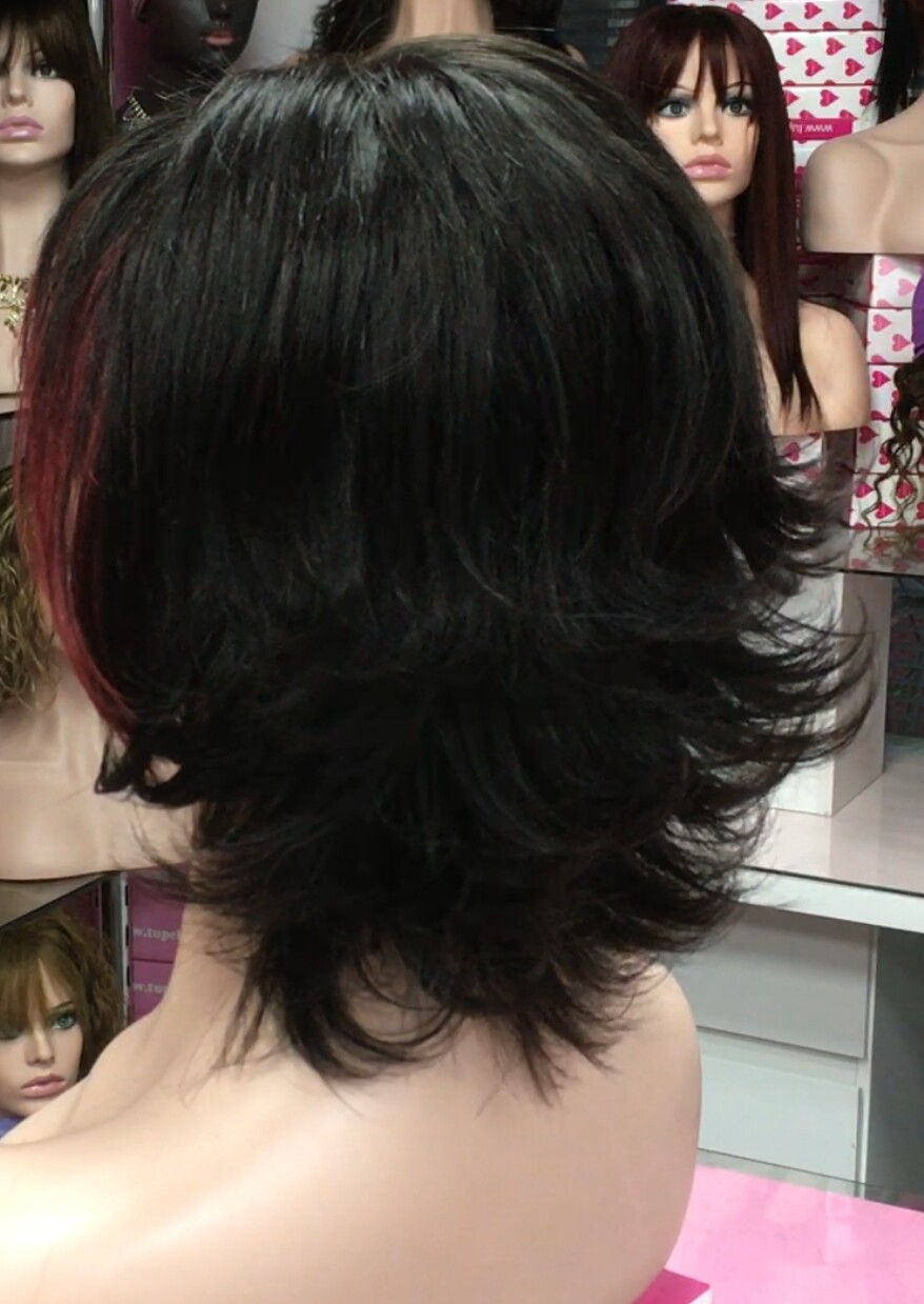 Peluca natural PILARICA Color 1b con Fleco rojo RAYA TUL transaprente efecto piel