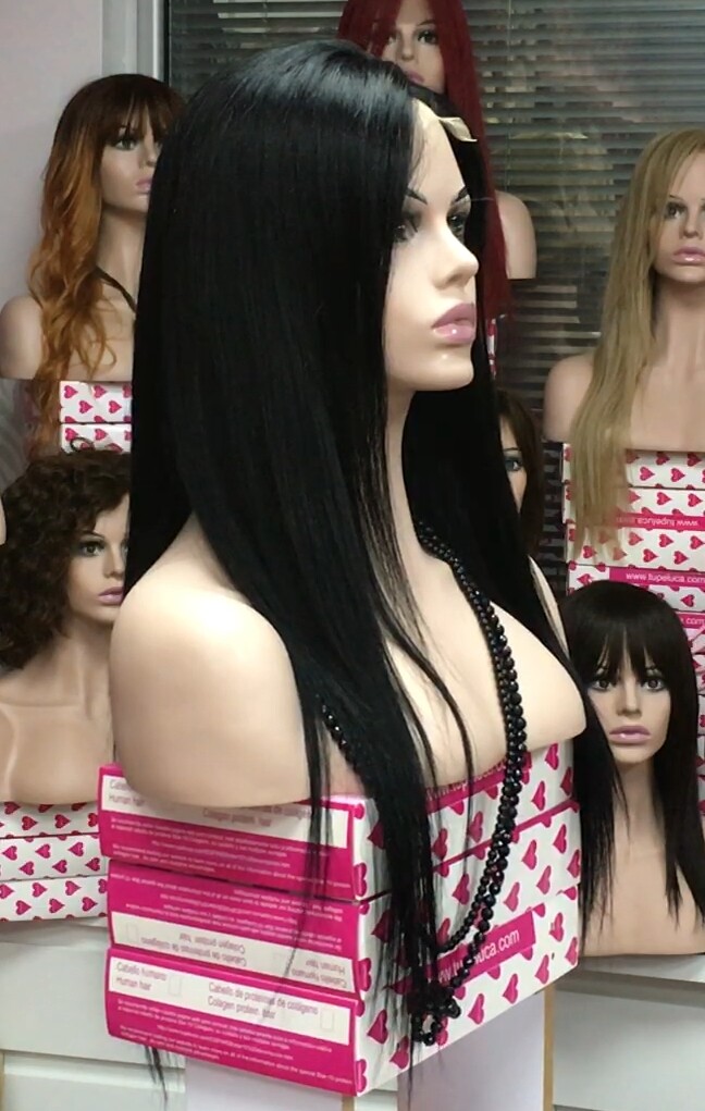 Peluca cabello natural ANABELEN color 1 con top de tul 35-40cm largo